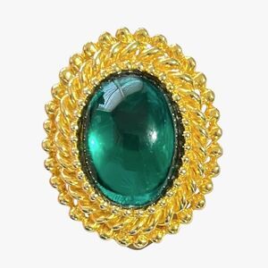 Vintage Scarf Dress Clip Gold Tone Green Simulated Emerald Cabochon Oval Glass